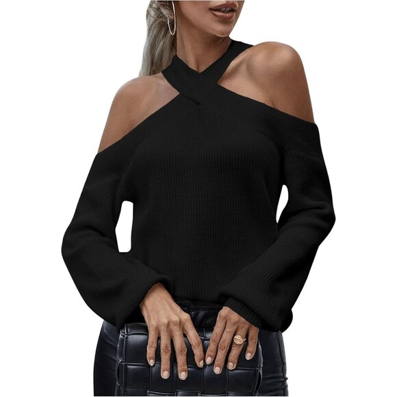 Women's Off Shoulder Sweater Knit Long Sleeve Pullover Top Large